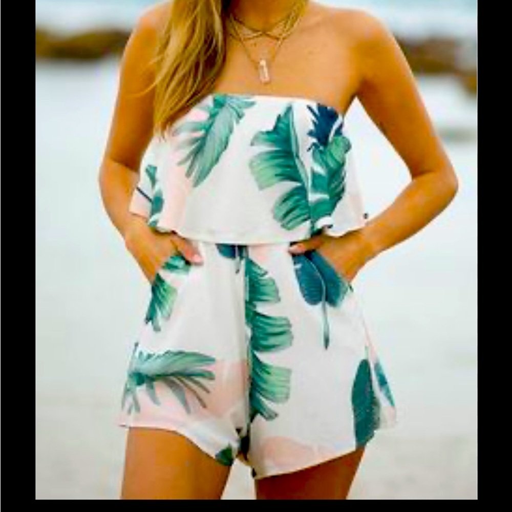 Latist’e Tropical Leaf Print Strapless Romper NWT SZ M